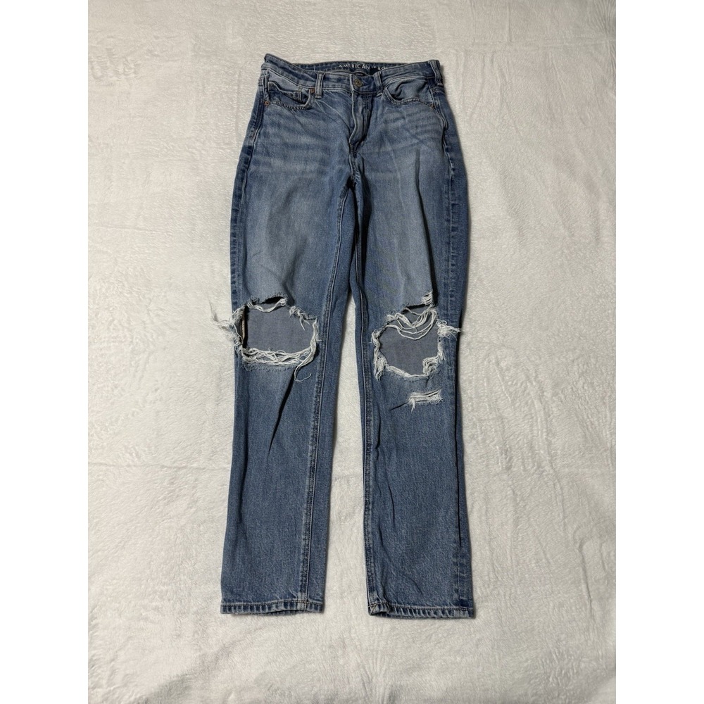 American Eagle Mom Jeans Womens 4 Reg Medium Wash Blue Distressed Stretch 27x28